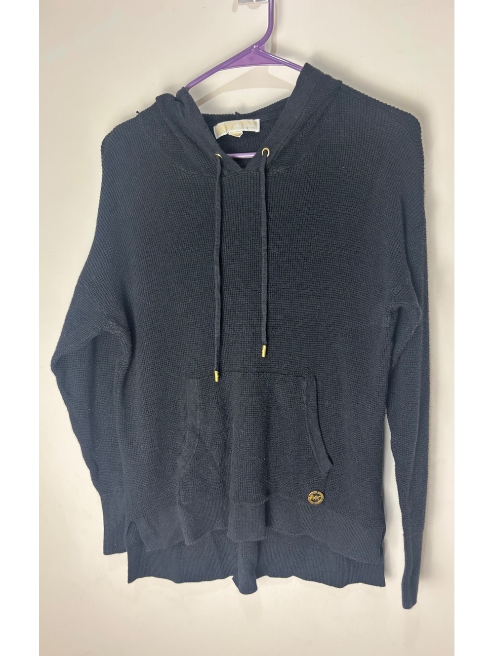 Michael Kors Black Waffle Knit Hoodie Sweater Medium Gold Logo Pocket